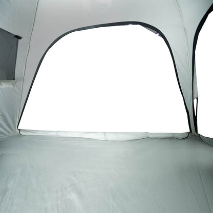Detail van de grijze vidaXL strandtent met grote open voorkant voor ventilatie.