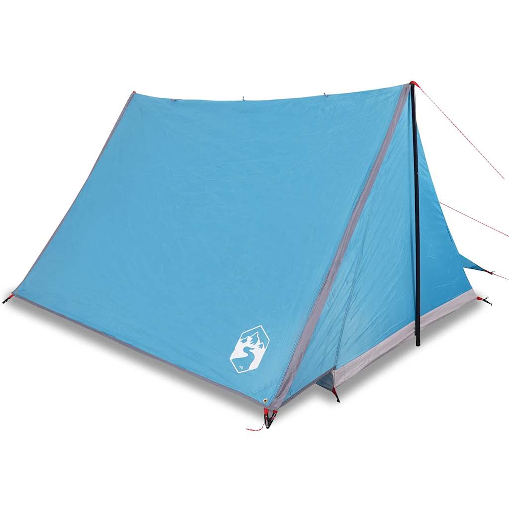 Detail van de blauwe vidaXL 2-persoons tent met waterdicht ontwerp en flexibele stokken.