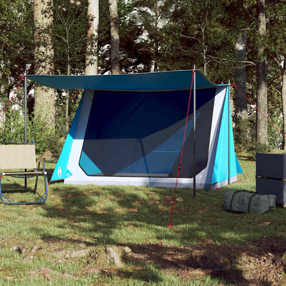 Detail van de vidaXL 2-persoons tent in blauw met luifel, zijaanzicht in de natuur.