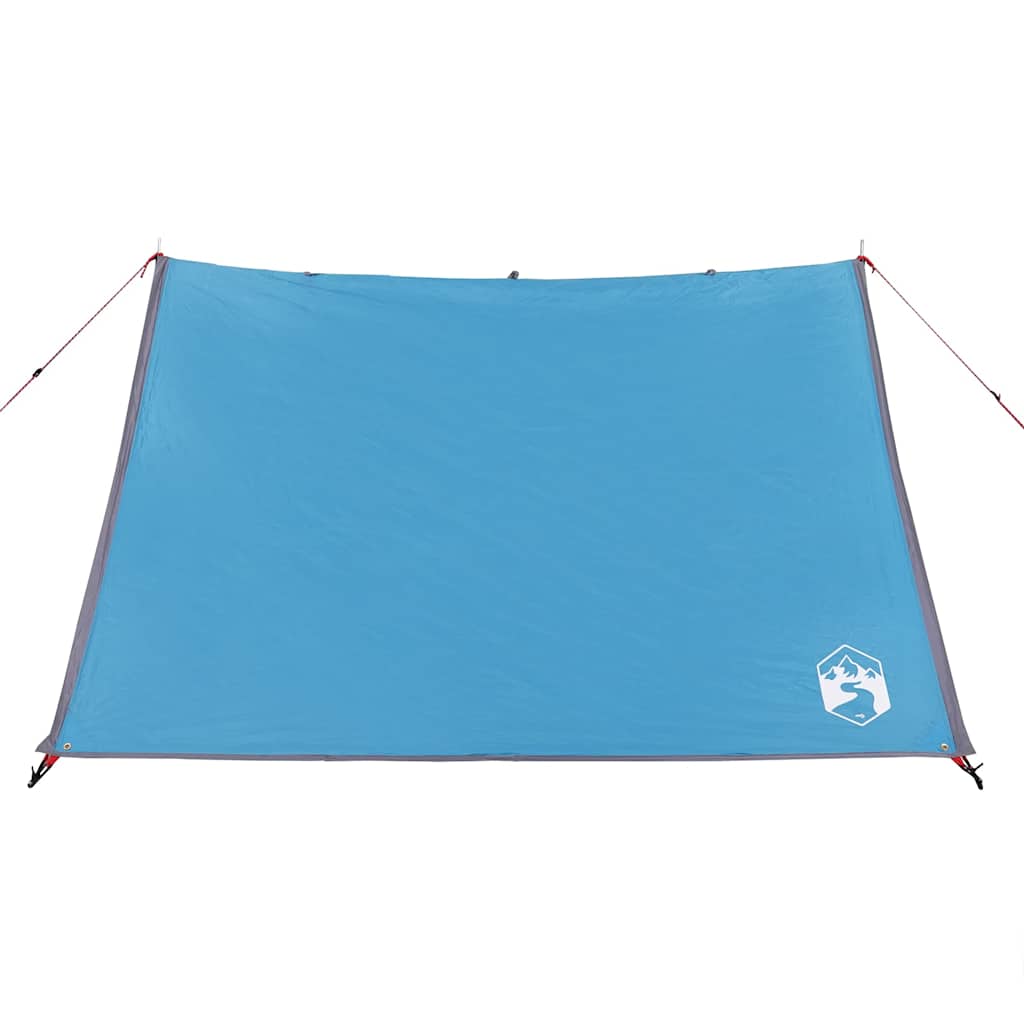Detail van de waterdichte blauwe tent van vidaXL met opgezette luifel.