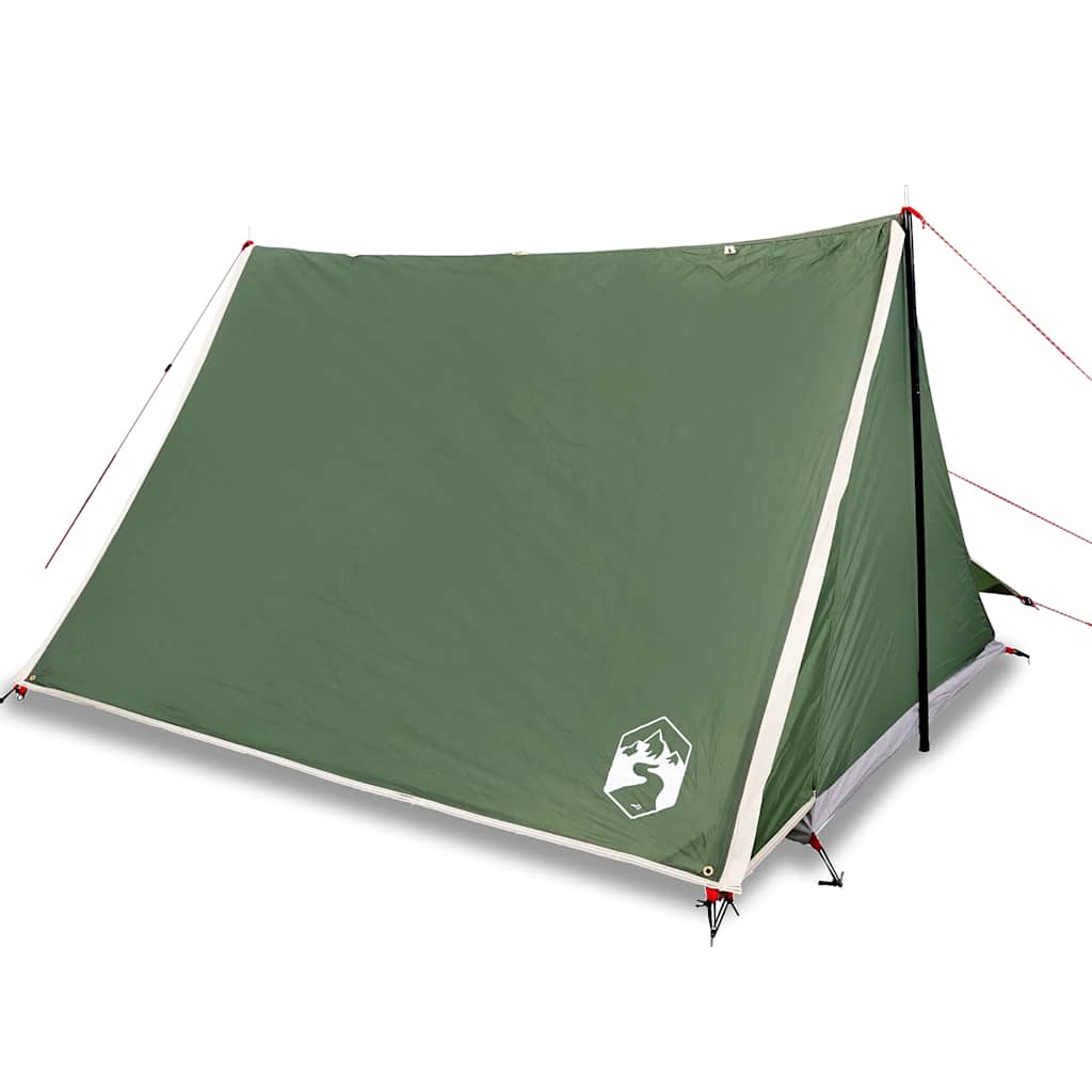 Zijaanzicht van de vidaXL 2-persoons tent in groen, met waterdichte stof en stevige stokken.