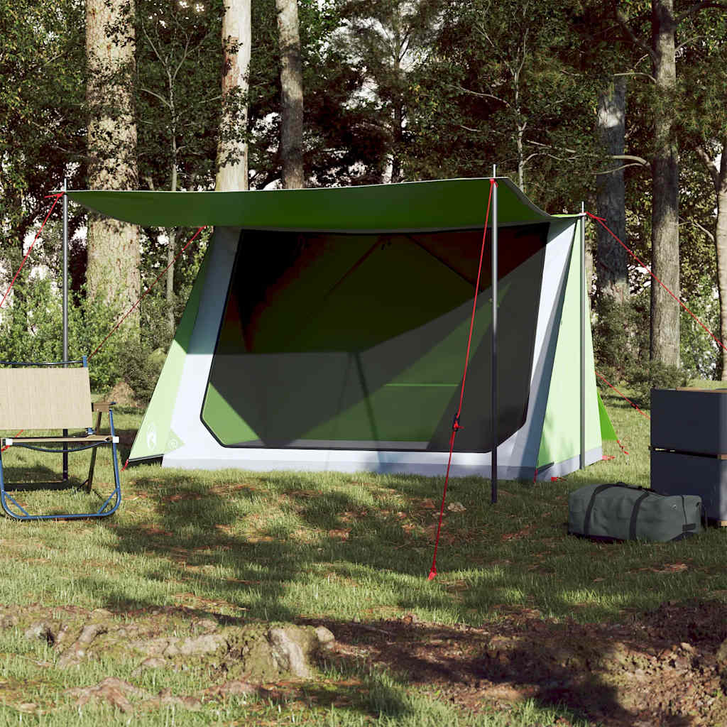 Detail van de groene vidaXL tent met luifel en open voorkant in de natuur.
