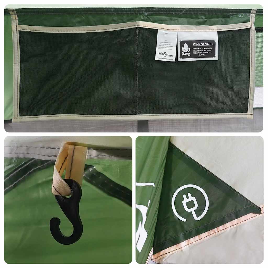 Detail van de binnenzijde van de vidaXL tent met opbergvak en haak voor verlichting.