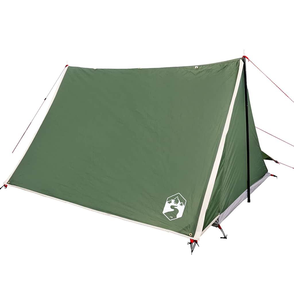 Detail van de groene vidaXL 2-persoons tent met waterdichte bescherming en handige luifel.