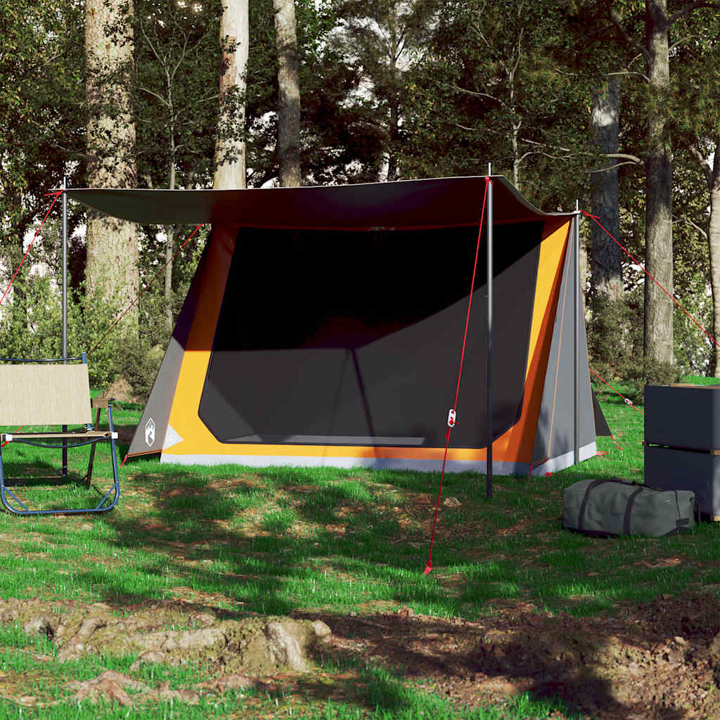 Zijaanzicht van de vidaXL 2-persoons tent met oranje en grijze kleur en luifel.