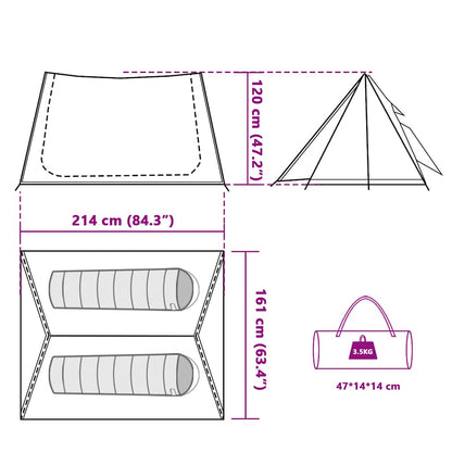 Detail van de vidaXL tent met afmetingen en indeling voor twee personen.
