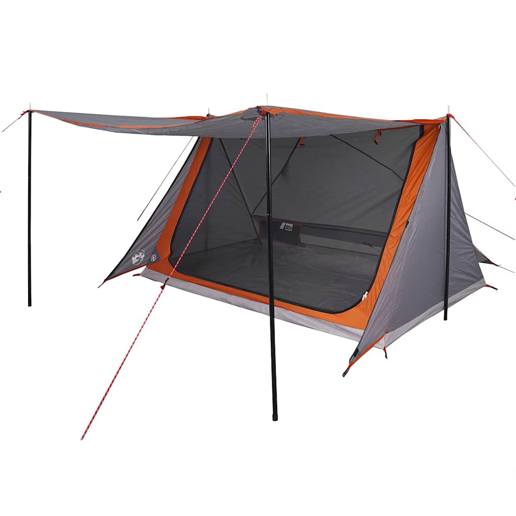 Detail van de vidaXL 2-persoons tent met grijze en oranje kleur en handige luifel.