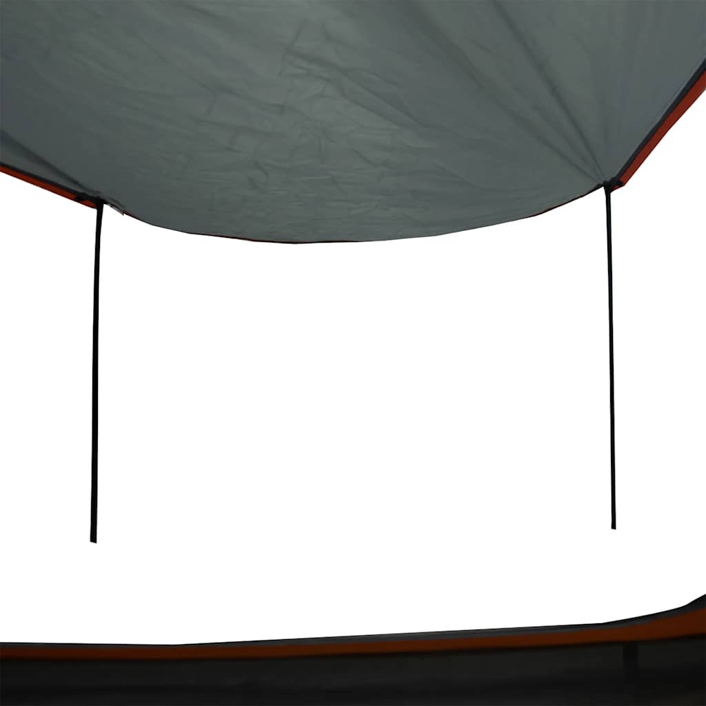 Detail van de grijze en oranje vidaXL tent met een handige luifel en stevige stokken.