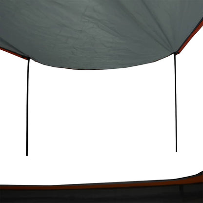 Detail van de grijze en oranje vidaXL tent met een handige luifel en stevige stokken.