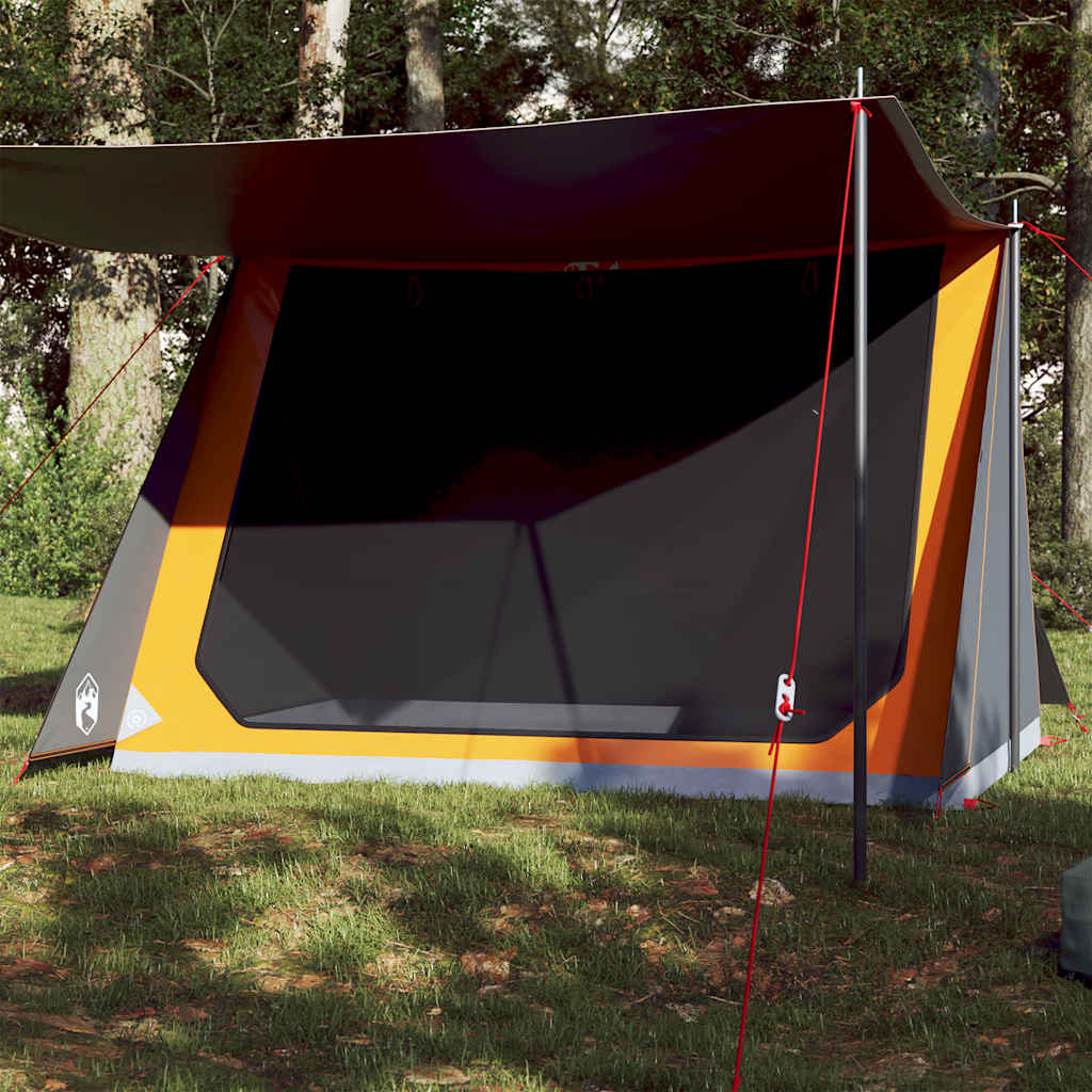 Tent vidaXL 2-persoons in grijs en oranje met luifel, zijaanzicht in de natuur.