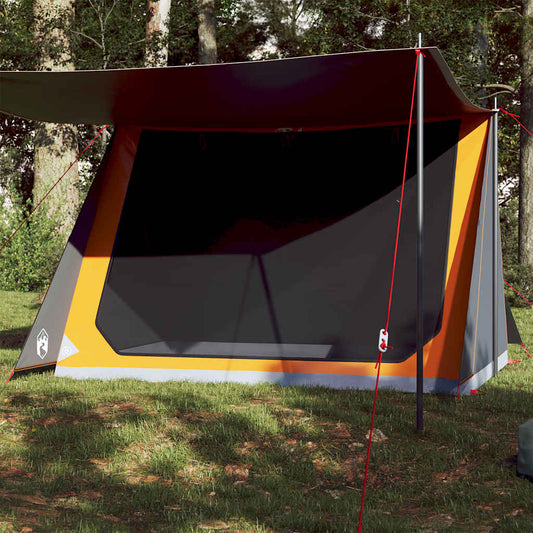 Tent vidaXL 2-persoons in grijs en oranje met luifel, zijaanzicht in de natuur.