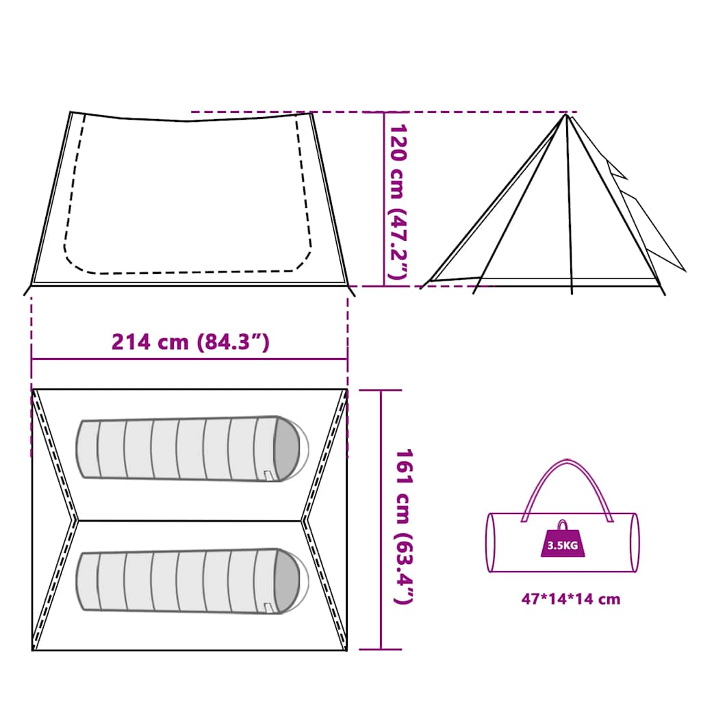 Technische tekening van de vidaXL 2-persoons tent met afmetingen en indeling.