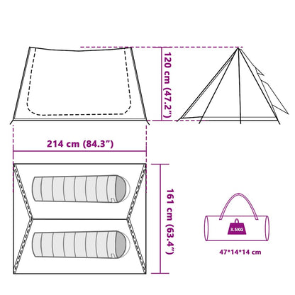 Technische tekening van de vidaXL 2-persoons tent met afmetingen en indeling.