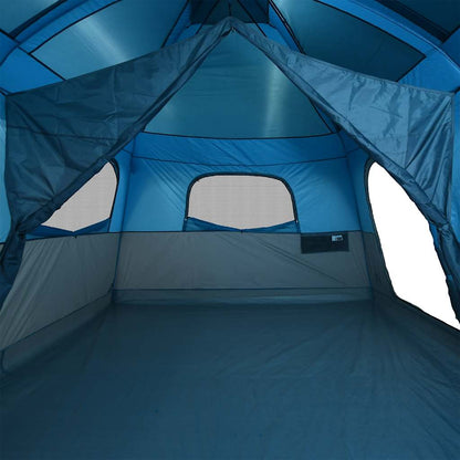 Zijaanzicht van de binnenkant van de vidaXL gezinstent, met blauwe wanden en ventilatieroosters.