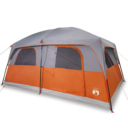 Detail van de vidaXL 8-persoons tent in grijs en oranje met grote ramen.