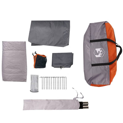 Detail van de grijze en oranje tentaccessoires, inclusief haringen en opbergtas van vidaXL.