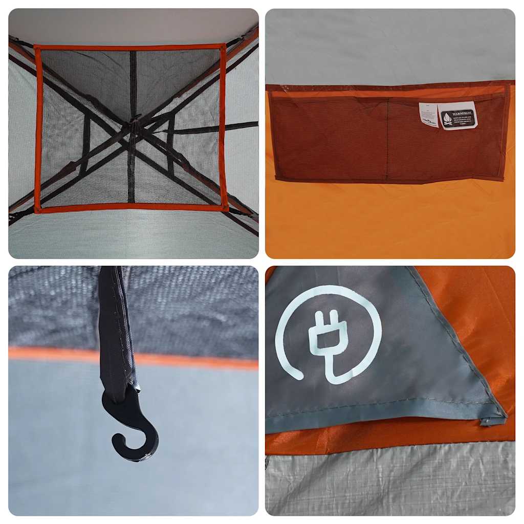Detail van het interieur van de vidaXL 8-persoons tent met ventilatierooster en haak voor verlichting.