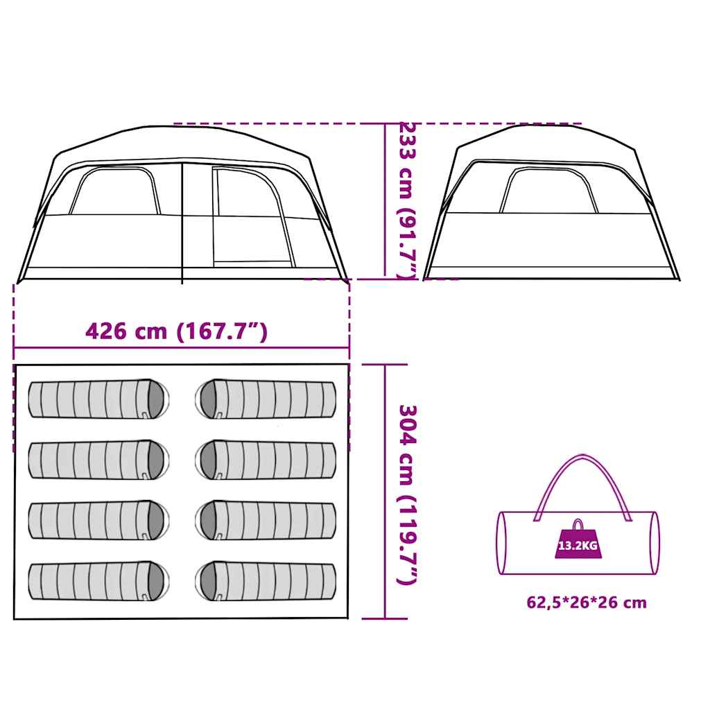 Detailtekening van de vidaXL 8-persoons tent met afmetingen en opbergzak.