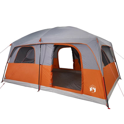 Zijaanzicht van de vidaXL 8-persoons tent in grijs en oranje, met open ingang.