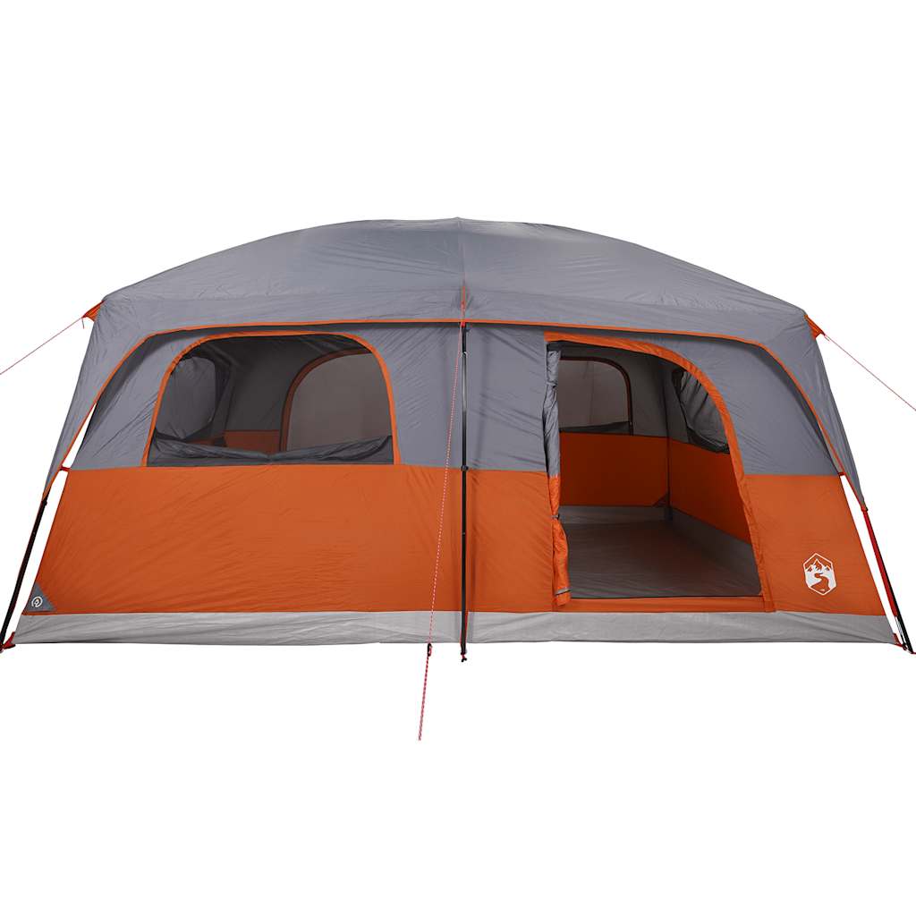 Zijaanzicht van de vidaXL 8-persoons tent in grijs en oranje met grote ramen.