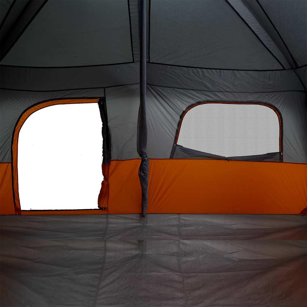 Detail van de binnenkant van de vidaXL 8-persoons tent met grijze en oranje kleuren.