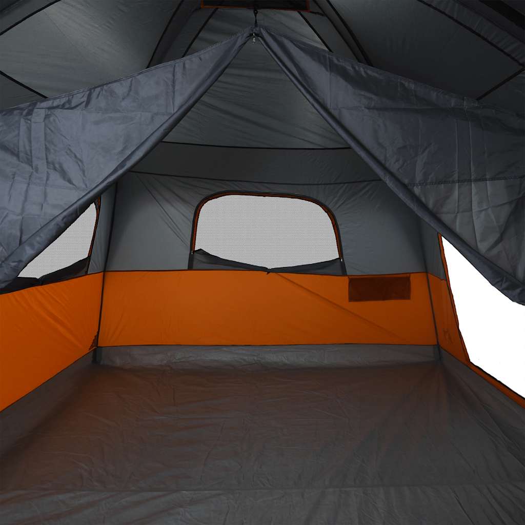 Interieur van de vidaXL 8-persoons tent met grijze wanden en oranje accenten.