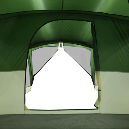 Detail van de groene vidaXL tent met luifel, zijaanzicht van de ingang en ventilatiedoek.