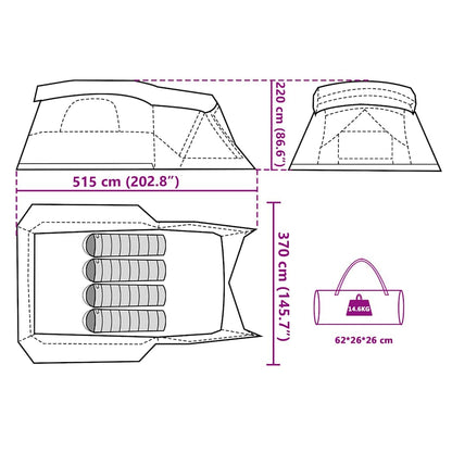Detailweergave van de vidaXL tent met luifel, inclusief afmetingen en opbergmogelijkheden.