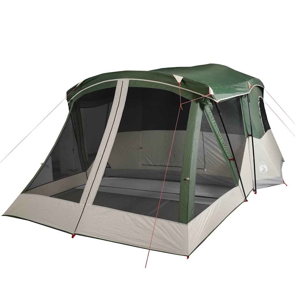 Detail van de vidaXL tent met luifel, met een groene bovenkant en gaasramen.