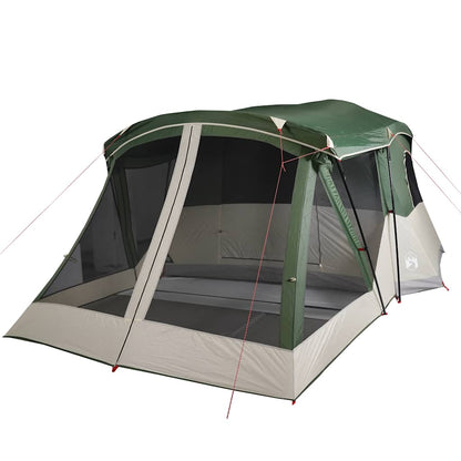 Detail van de vidaXL tent met luifel, met een groene bovenkant en gaasramen.