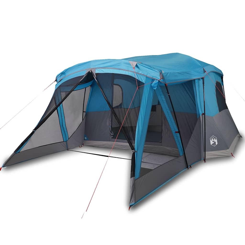 Zijaanzicht van de vidaXL tent met luifel in blauw, met open ingangen en ventilatie.