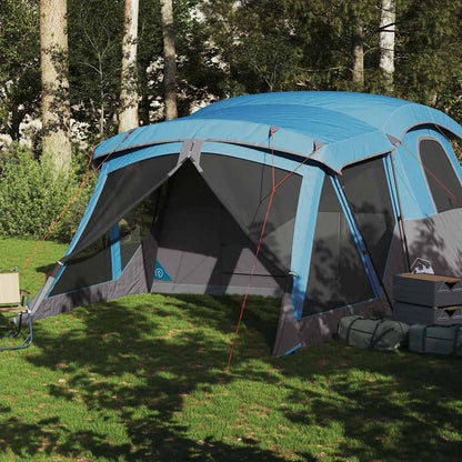 Detail van de vidaXL tent met luifel in blauw, zijaanzicht met openingen voor ventilatie.