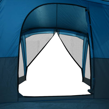 Detail van de blauwe vidaXL tent met luifel, zijaanzicht van de ingang.