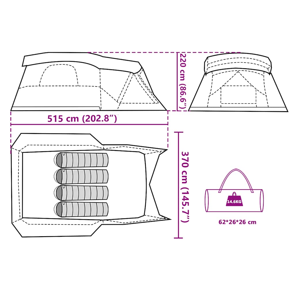 Detail van de tentafmetingen van de vidaXL 4-persoons tent met luifel, inclusief opslagafmetingen.