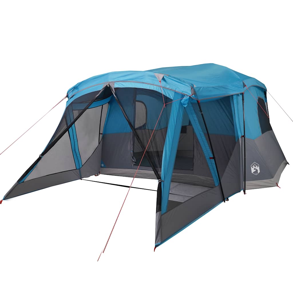 Detail van de vidaXL tent met luifel in blauw, zijaanzicht met open ingangen.