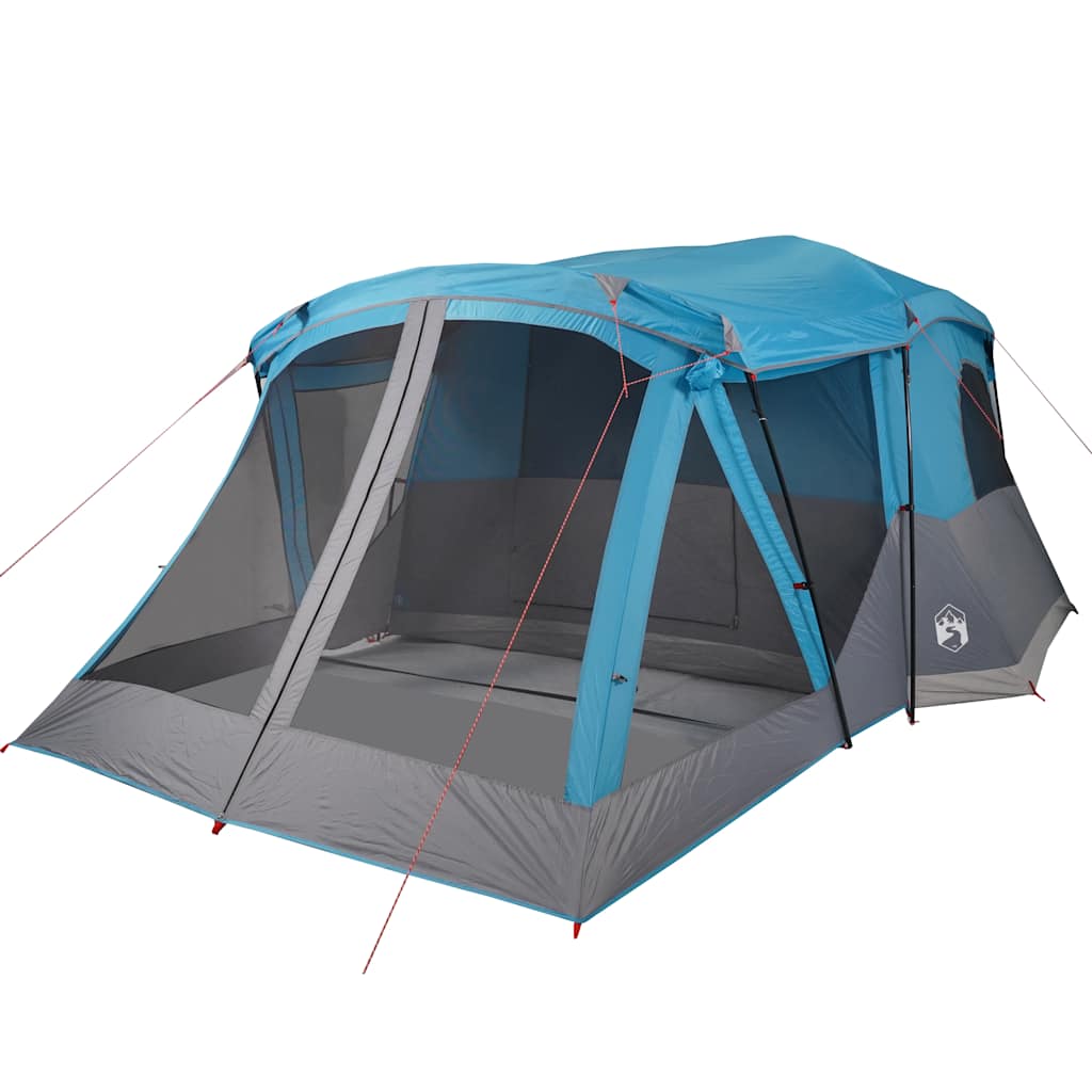 Zijaanzicht van de vidaXL 4-persoons tent met blauwe luifel en ventilatieroosters.