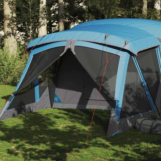 Blauwe vidaXL tent voor 4 personen met luifel en open entree in de natuur.