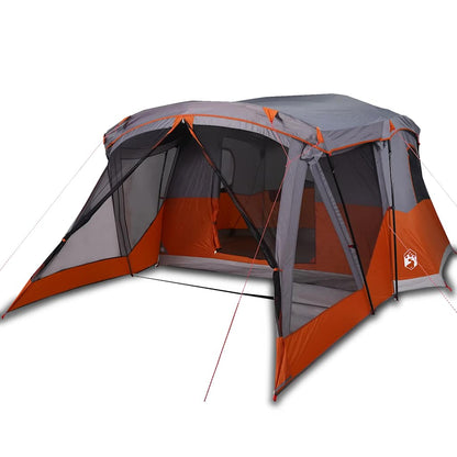 Detail van de vidaXL 4-persoons kampeertent in oranje met luifel en open ingang.