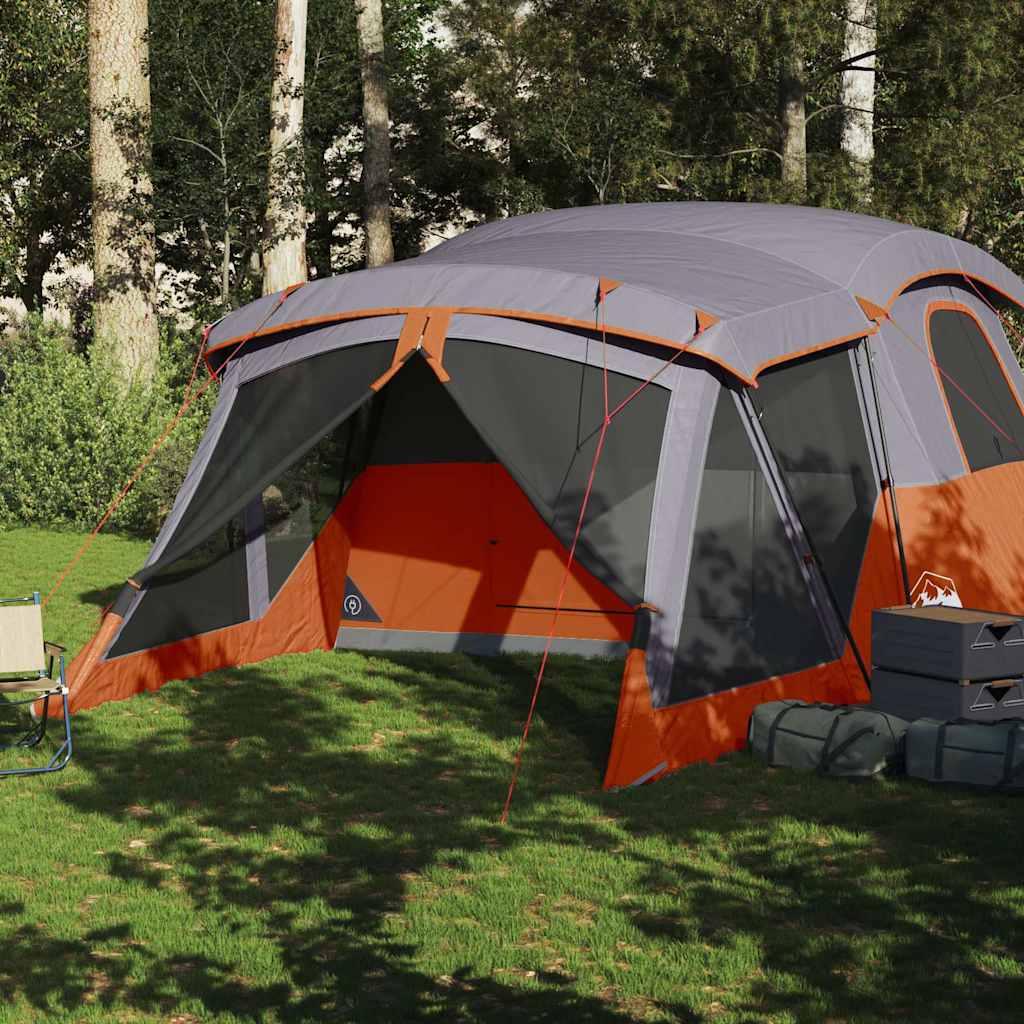 Detail van de vidaXL 4-persoons tent met luifel in oranje en grijs, zijaanzicht.