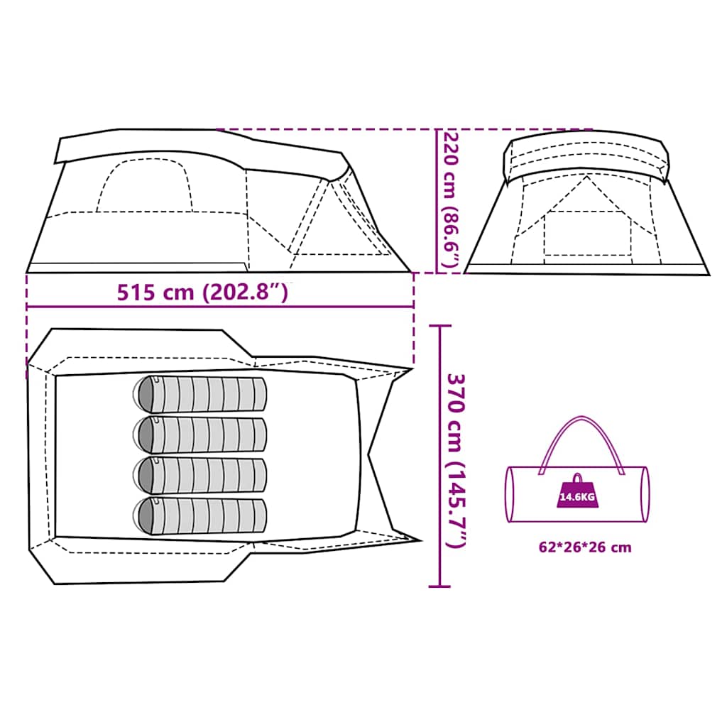 Detail van de kampeertent vidaXL met afmetingen en opbergmogelijkheden.