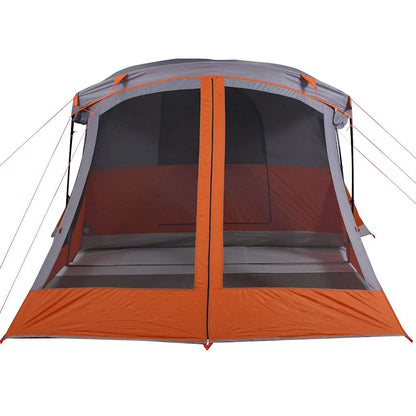 Detail van de oranje vidaXL kampeertent met luifel en gaasramen.