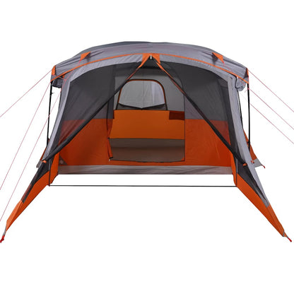 Detail van de vidaXL 4-persoons tent in oranje met luifel en open ingang.