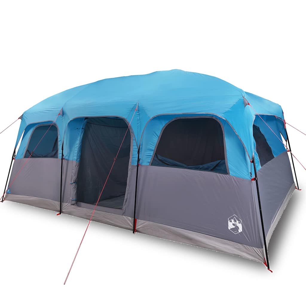 Zijaanzicht van de vidaXL gezinstent, waterdicht blauw met ventilatieroosters.