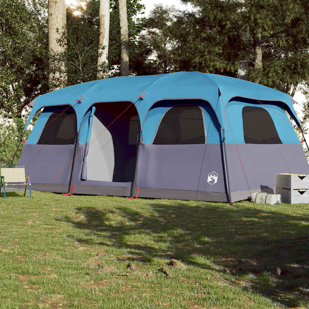 Detail van de vidaXL 10-persoons tent in blauw met ventilatieroosters en ruime ingang.