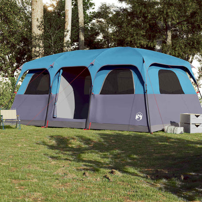 Detail van de vidaXL 10-persoons tent in blauw met ventilatieroosters en ruime ingang.