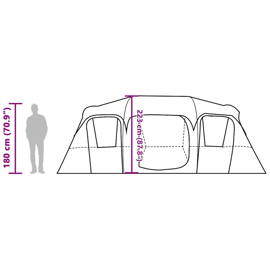 Zijaanzicht van de vidaXL 10-persoons tent met afmetingen en ingangen.