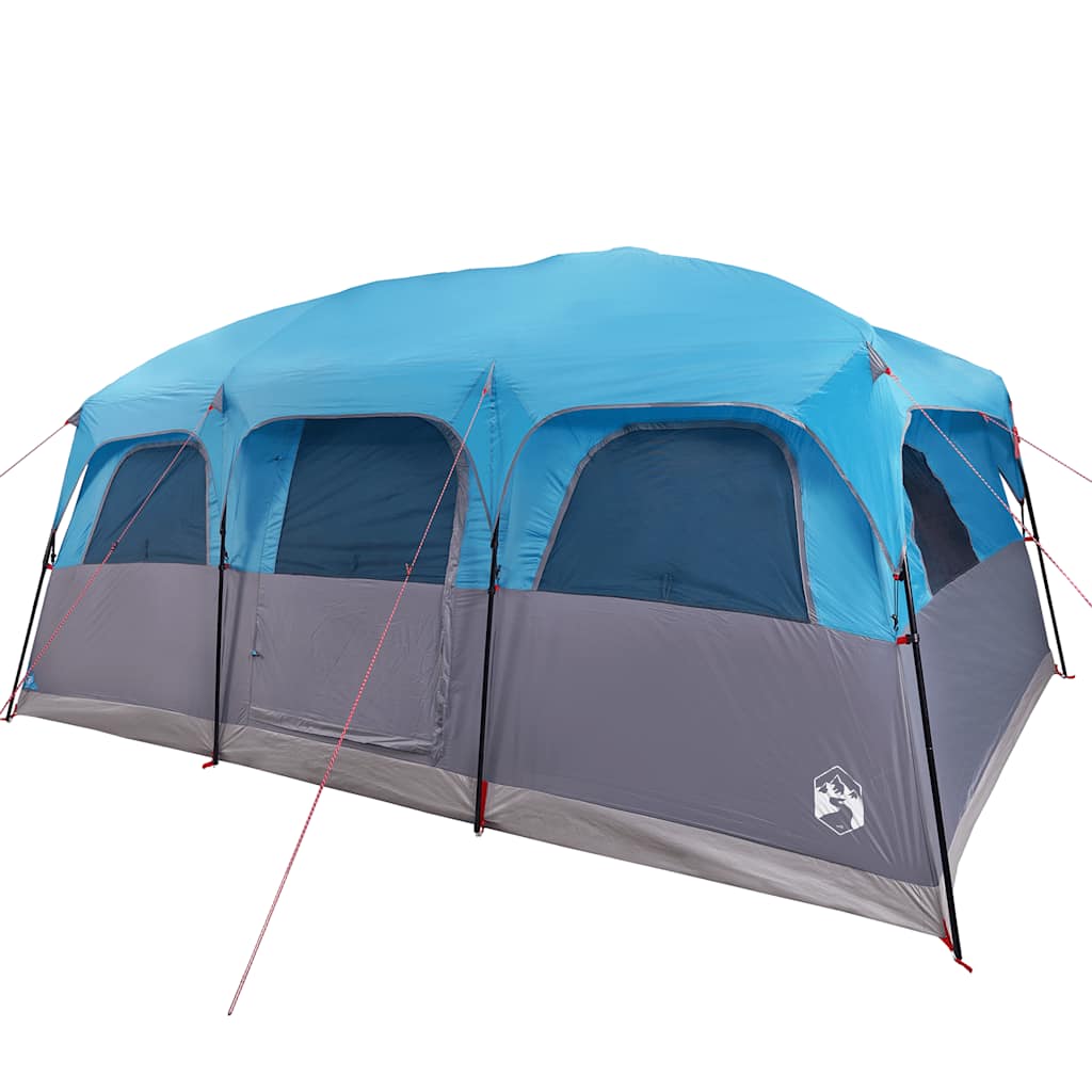 Zijaanzicht van de vidaXL gezinstent 10-persoons in waterdicht blauw met ventilatieroosters.