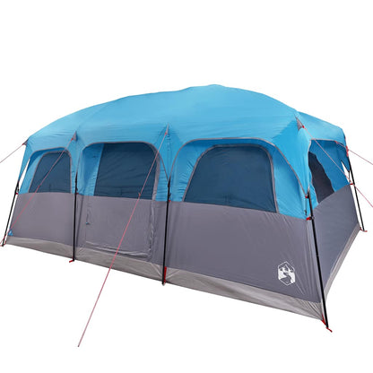 Zijaanzicht van de vidaXL gezinstent 10-persoons in waterdicht blauw met ventilatieroosters.