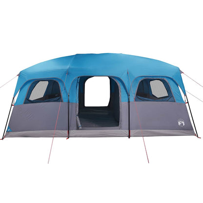 Zijaanzicht van de vidaXL 10-persoons tent in blauw met grote ventilatieopeningen.