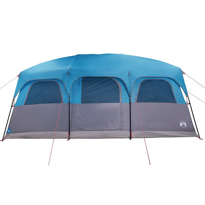 Zijaanzicht van de vidaXL gezinstent in blauw met grijze details en ventilatieroosters.